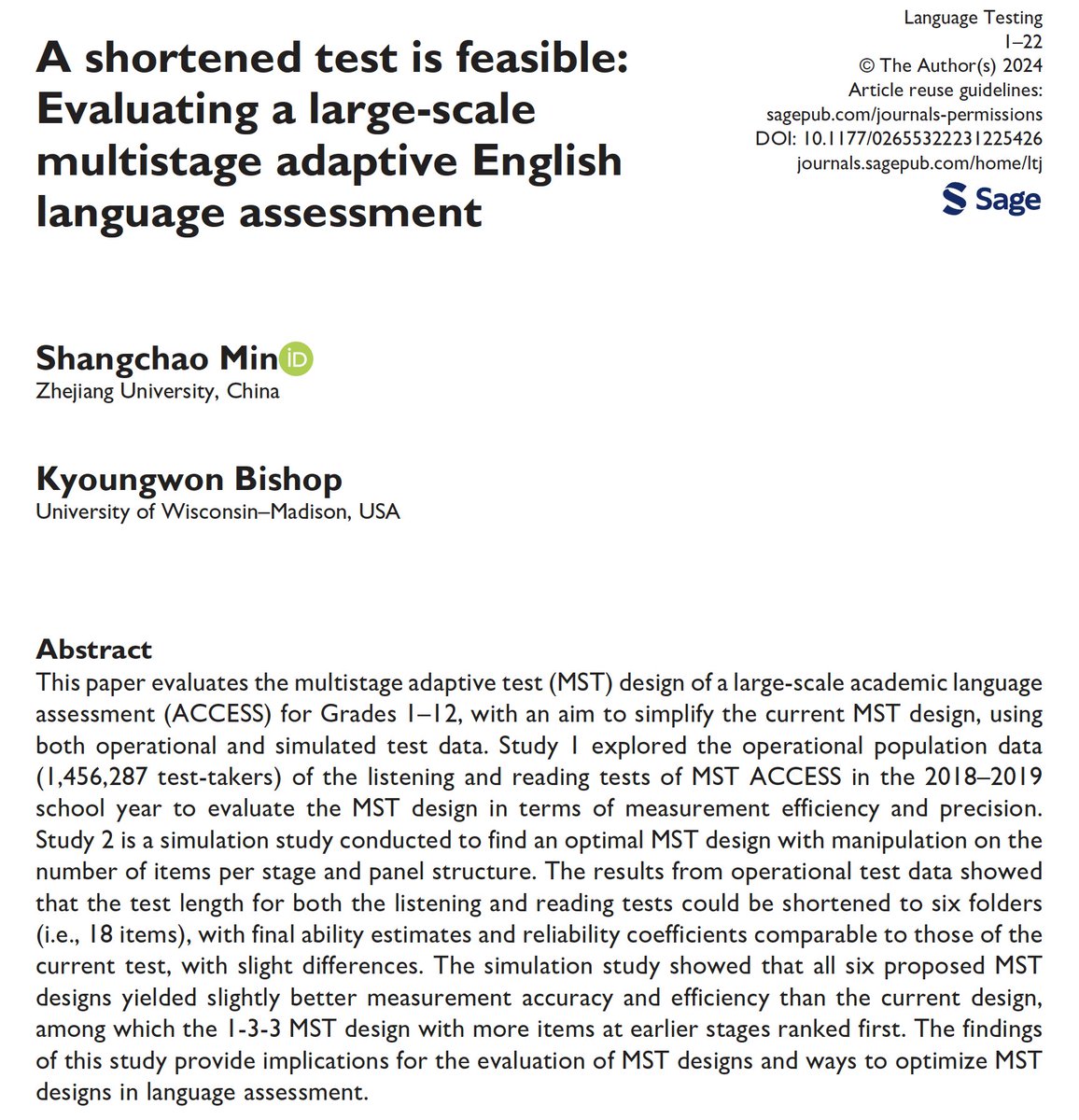 Now available in Online First, Shangchao Min (@ZJU_China) and Kyoungwon Bishop (@UWMadison) evaluate the multistage adaptive test design of ACCESS, a language proficiency test for English learners in Grades 1-12. journals.sagepub.com/doi/10.1177/02…