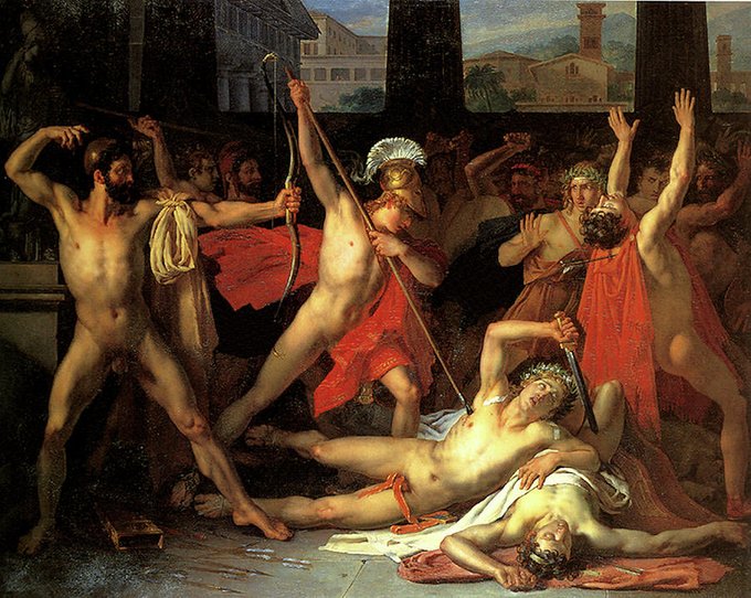 Odysseus and Telemachus killing the suitors.