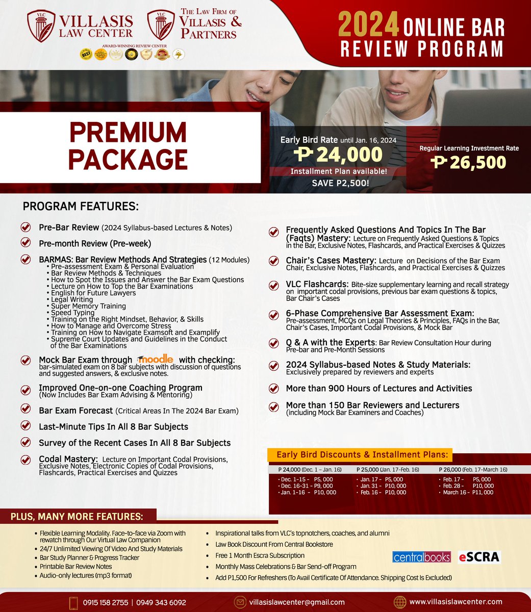 VLCBarReview's tweet photo. The 2024 Most Comprehensive and Best-ever Bar Review Program is finally here!

 Limited slots available. Balance work &amp; study seamlessly, aiming not just to pass but to top the Bar! 
🚀 Limited slots, register now: https://t.co/GvNLOmfQZU 

#BarNiJLo2024 #MostValuableLaban https://t.co/v40ov1b4FC