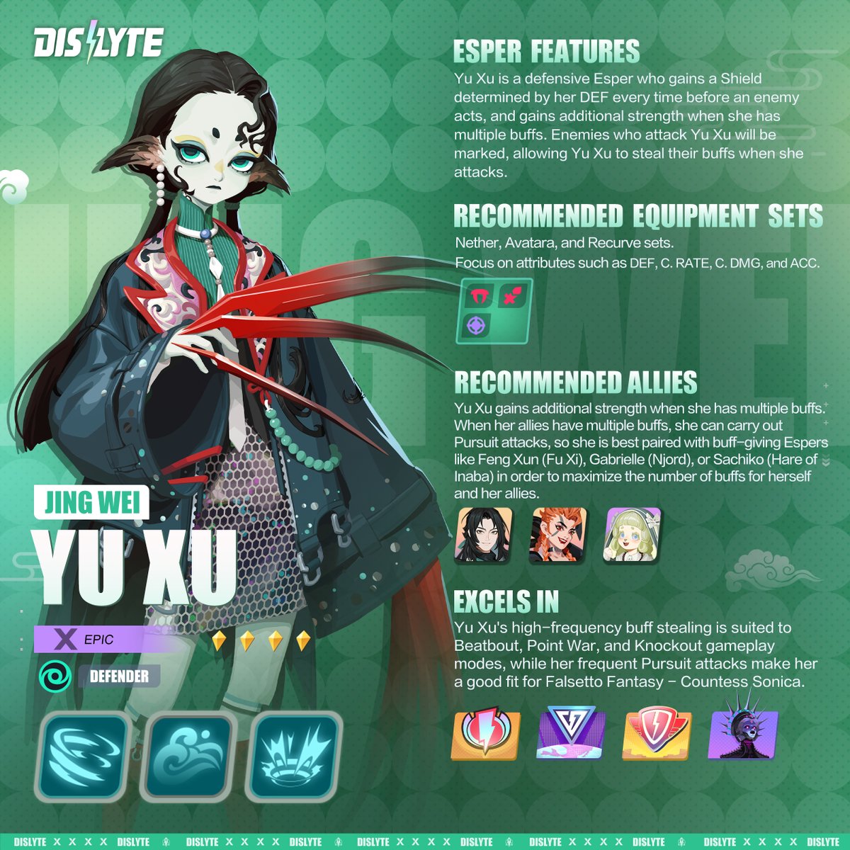 dislyte's tweet photo. How to make the best use of Yu Xu (Jingwei)
The new Esper, Yu Xu (Jingwei), joins the fray!
Let's see how to best use her strengths for the squad!
#Dislyte #シンネオ #디스라이트 #众神派对 #YuXu #Jingwei https://t.co/AZ76qevQwr
