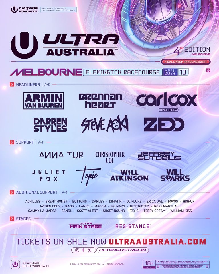 Ultra Australia have just announced their 2024 Phase 2 Lineups 🎉🎉⁠