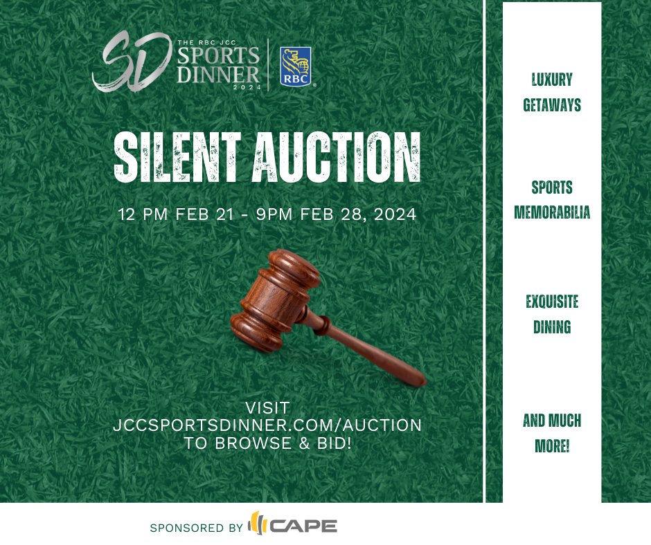 Our legendary online auction is live! 120+ items, including incredible getaways, exquisite dining, rare sports memorabilia, and much more! can.givergy.com/jccsportsdinne… Thanks to our Silent Auction Sponsor @The_CapeGroup and our generous donors. #RBCJCCSportsDinner