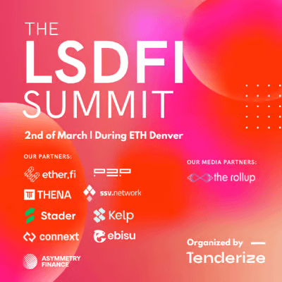 ebisu_finance's tweet photo. See you at the LSDFI Summit @EthereumDenver🎣

Panels on everything LSTs &amp; LRTs in DeFi by
@tenderize_me @ether_fi @KelpDAO @arbitrum @staderlabs @Connext @therollupco @P2Pvalidator @ssv_network @ThenaFi_ @asymmetryfin @ebisu_finance https://t.co/e8lwO5OJSC