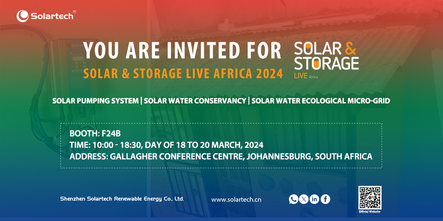 Solartech will attend Future Energy and the Solar Show Africa 2024, which will be held at the Gallagher Convention Centre, Johannesburg, South Africa on the 18th to the 20th of March 2024. Sincerely invited to visit Solartech booth F24B. #solarirrigation #SouthAfrica #solarpump