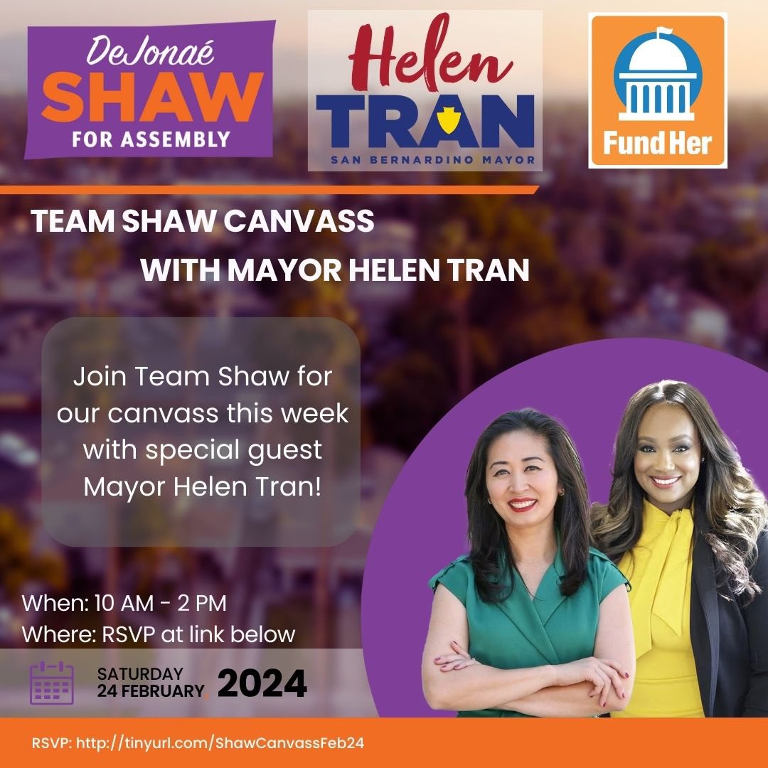 11 more days, friends 🗳️ Please join Team Shaw, Mayor Helen Tran, and Fund Her this Saturday, as we continue to reach out to voters! Together we can bring true change, equity, and opportunity to our home, the Inland Empire. #ShawForAssembly #CommittedToCommunity