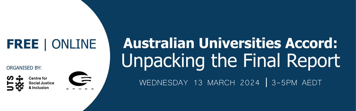 The UTS Centre for Social Justice & Inclusion is partnering with @TherealEPHEA to offer a free webinar unpacking key insights from the final report of the Australian Universities Accord. Wednesday 13 March | 3-5pm ow.ly/YUgR50QGZuZ