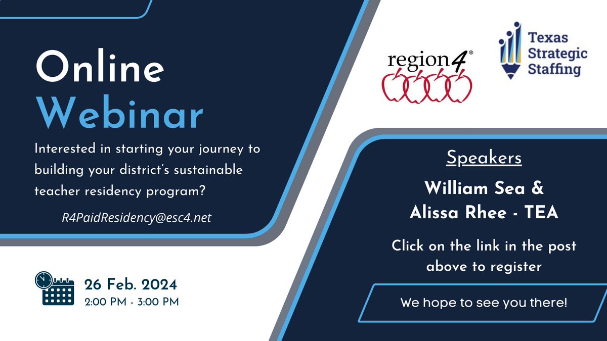 We are excited about a new Texas Strategic Staffing grant opportunity aimed at helping you launch your district's teacher residency. Click on the link to register for the webinar:  zoom.us/meeting/regist…
<a href="/Region4ESC/">Region 4 ESC</a> <a href="/R4Leaders/">Region 4 Leaders</a> <a href="/R4Apprentice/">Region 4 Teacher Apprenticeship</a>