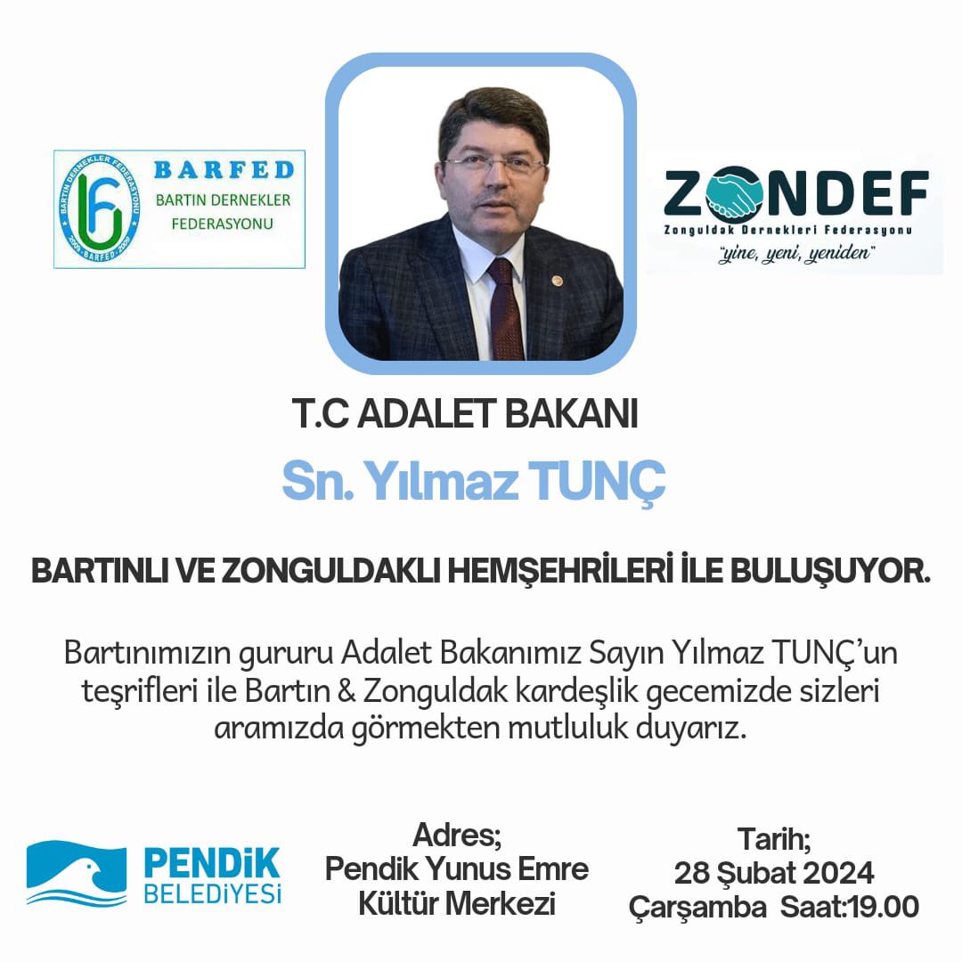 ZonguldakF's tweet photo. Bölgemizin Gururu T. C. Adalet Bakanı çok değerli hemşehrimiz sayın Yılmaz TUNÇ İstanbul’da Bartınlı ve Zonguldaklı hemşehrileri ile buluşuyor. https://t.co/mmS2SZVi8u