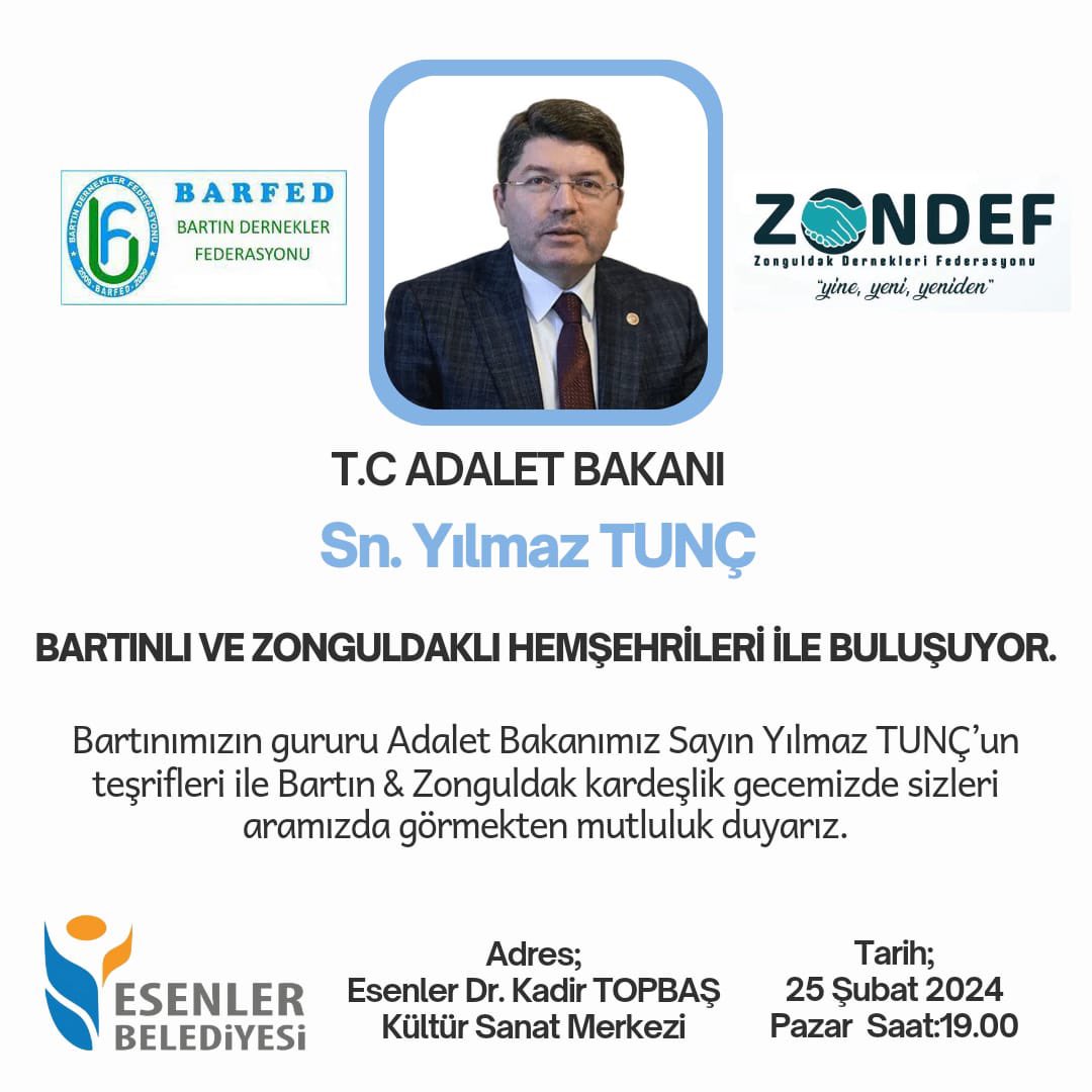 ZonguldakF's tweet photo. Bölgemizin Gururu T. C. Adalet Bakanı çok değerli hemşehrimiz sayın Yılmaz TUNÇ İstanbul’da Bartınlı ve Zonguldaklı hemşehrileri ile buluşuyor. https://t.co/mmS2SZVi8u
