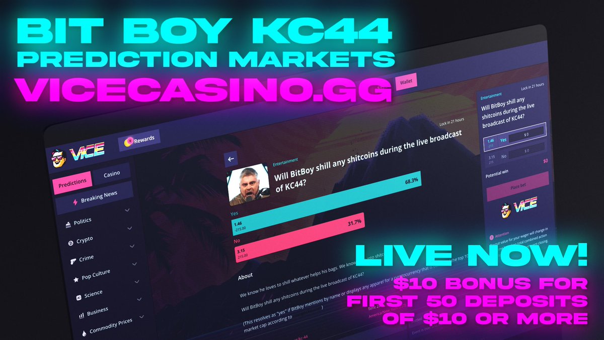 NEW PREDICTION MARKET:

BITBOY 🆚 MORE LIGHT
KC44 BOXING MATCH 🥊 

BET ON MORE THAN JUST THE OUTCOME WITH EVENTS LIKE: 

🔮“Will BitBoy Shill Any Shitcoins During The Live Broadcast?” 🪄 

OR

🔮“Will His Mistress Cassie Wolf Be In Attendance?” 🪄