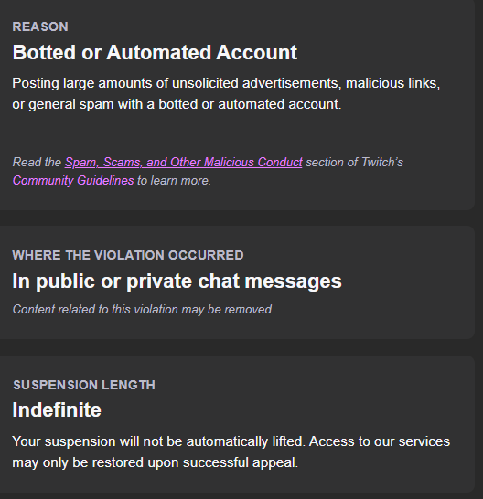 Hijak159's tweet photo. @TwitchSupport  I was banned while doing my normal stream.  I wasn't doing anything to break the Community guide lines so I don't know what happened.  I submitted an appeal but I've never done this before.  The ban Email states it was an automated bot account???  Can you help? https://t.co/eX3gTu5Dvv