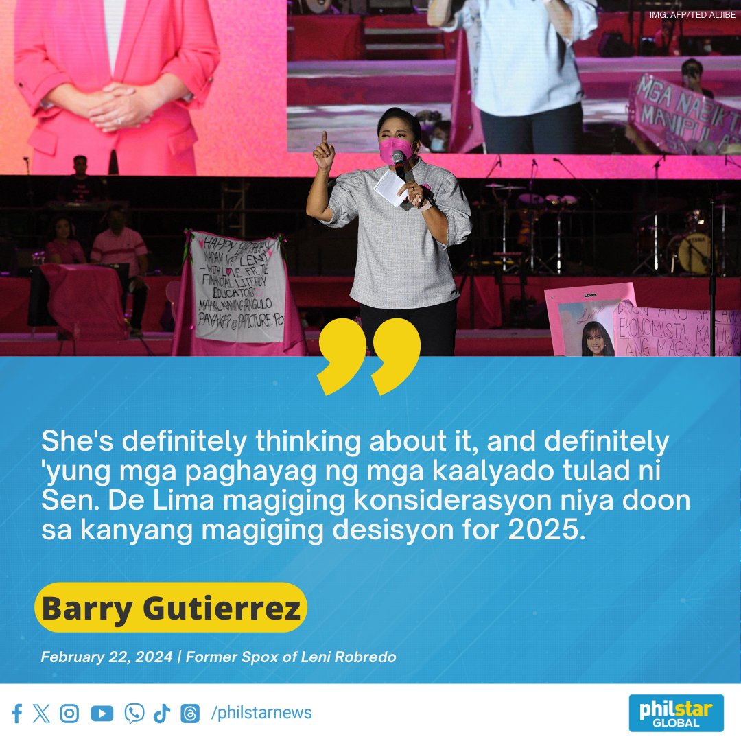 LENI ROBREDO FOR SENATOR?

The camp of former Vice President Leni Robredo stated on Thursday that she is "definitely thinking about" running for the Senate in 2025, and that statements from allies like Leila de Lima will be factored into her decision for the election next year.