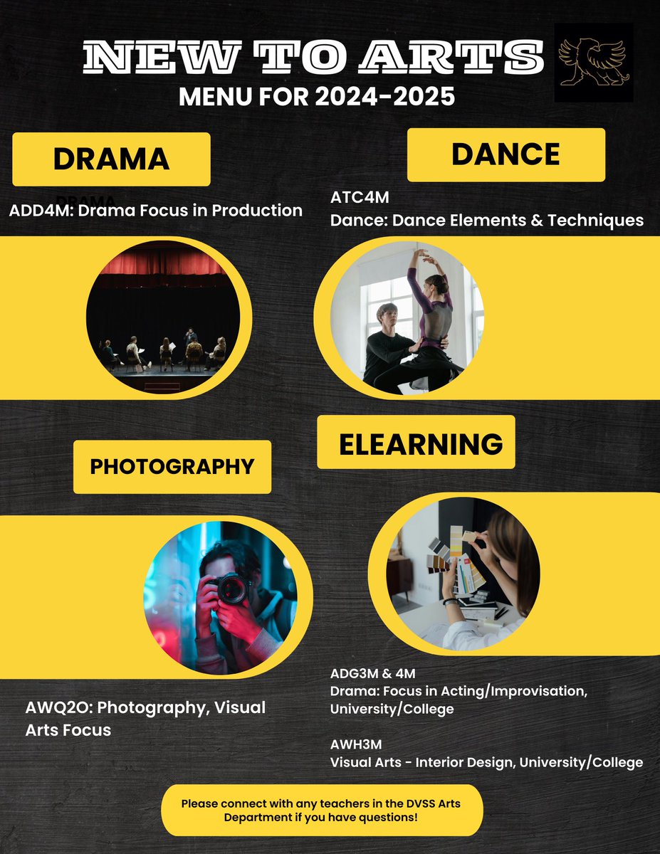 dvssarts's tweet photo. New on the Arts Menu at @DVSS_HWDSB ! New Dance, Drama Photography and eLearning courses being offered for next fall! 6 days retain to select your courses, don’t miss out!🎭💃🏼🩰🕺🏼🏠🛋️🪞 https://t.co/26VlcmaMX1