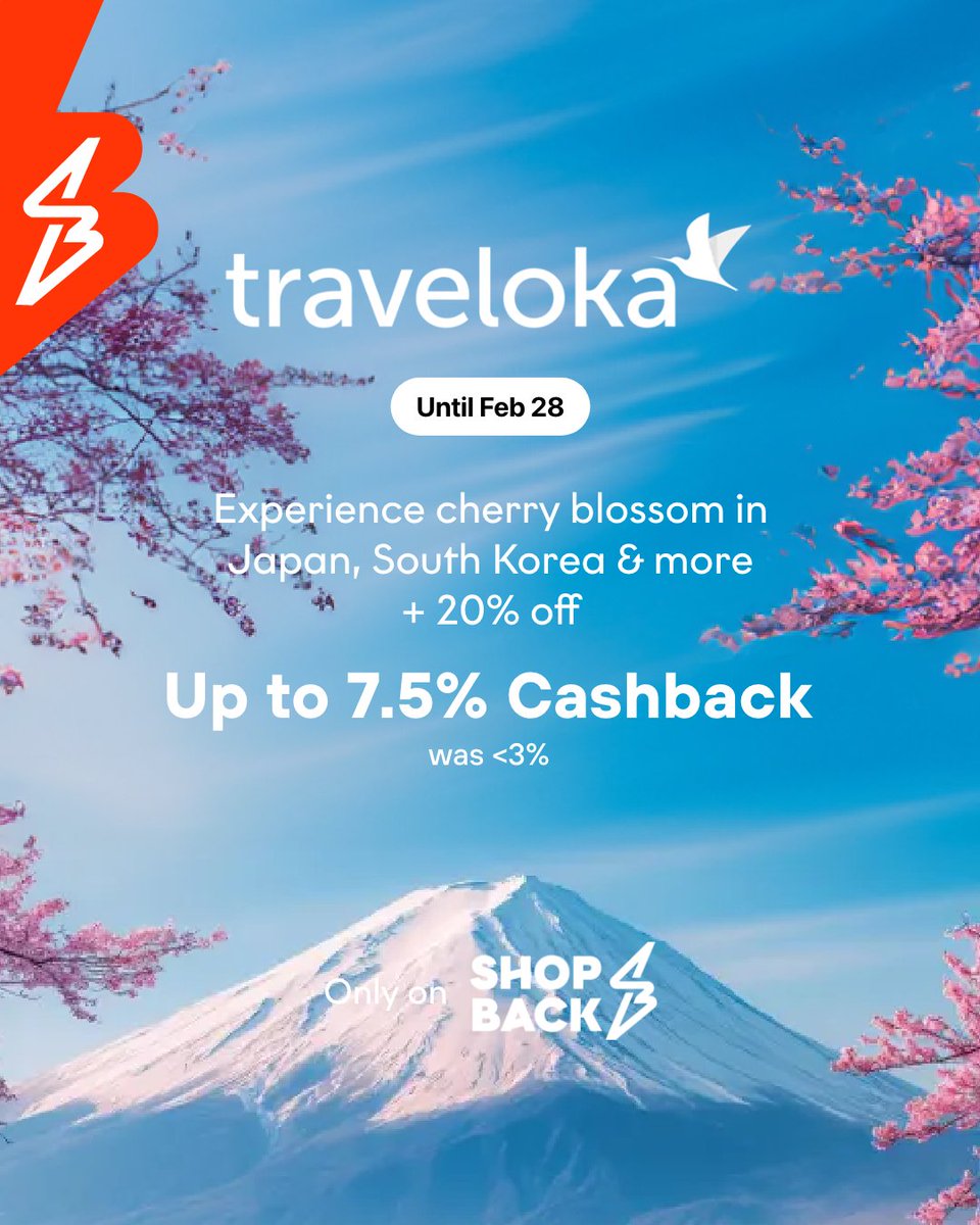 shopbackph's tweet image. Seated!  ✈🧳

Kulayan na natin ang plans natin for travel and experience the cherry blossom in Japan or South Korea with Traveloka and get up to 7.5% Cashback.

Book today: app.shopback.com/SBPHTraveloka

#ShopBackPH #Traveloka #cherryblossom2024 #TravelDeals
#travelpinas #travelPH