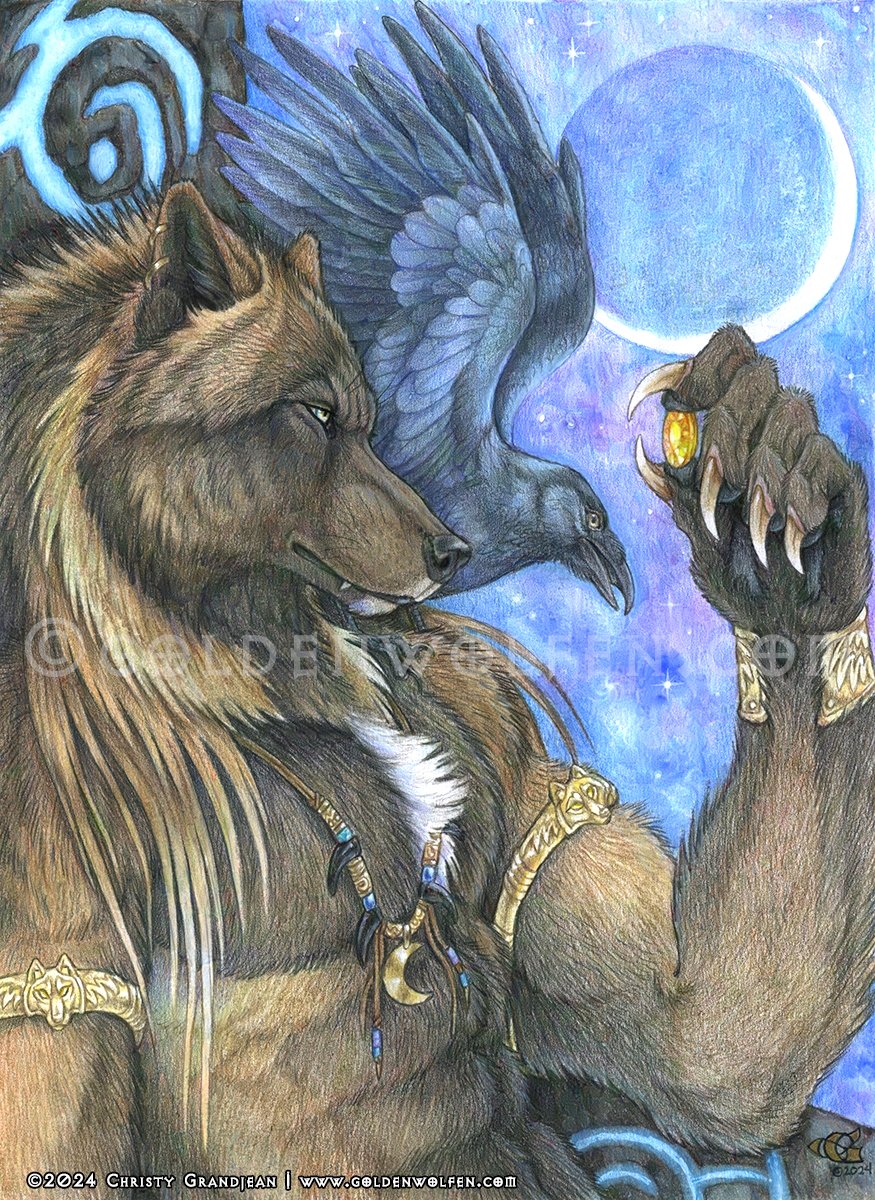 ntroducing my latest original art, 'Messenger', a mixed media of watercolor, colored pencils, and white ink on 9 X 12 smooth Bristol paper.   Prints and tapestries are now available in my st.0re! 👇

#originalartwork #mixedmedia #traditionalmedia #NOAi #notaiart #Werewolf