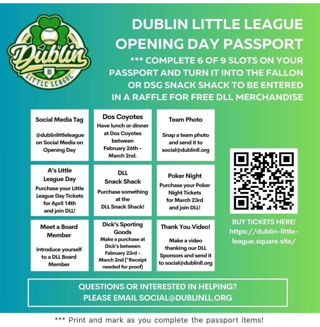 DLL is excited for #OpeningDay on March 2... fun activities starting Friday! Complete 6 of the 9 activities below and turn your opening week passport in at Fallon or DSG Snack Shack to enter in a raffle for #DublinLittleLeague Merchandise! #dllbaseball #dllsoftball