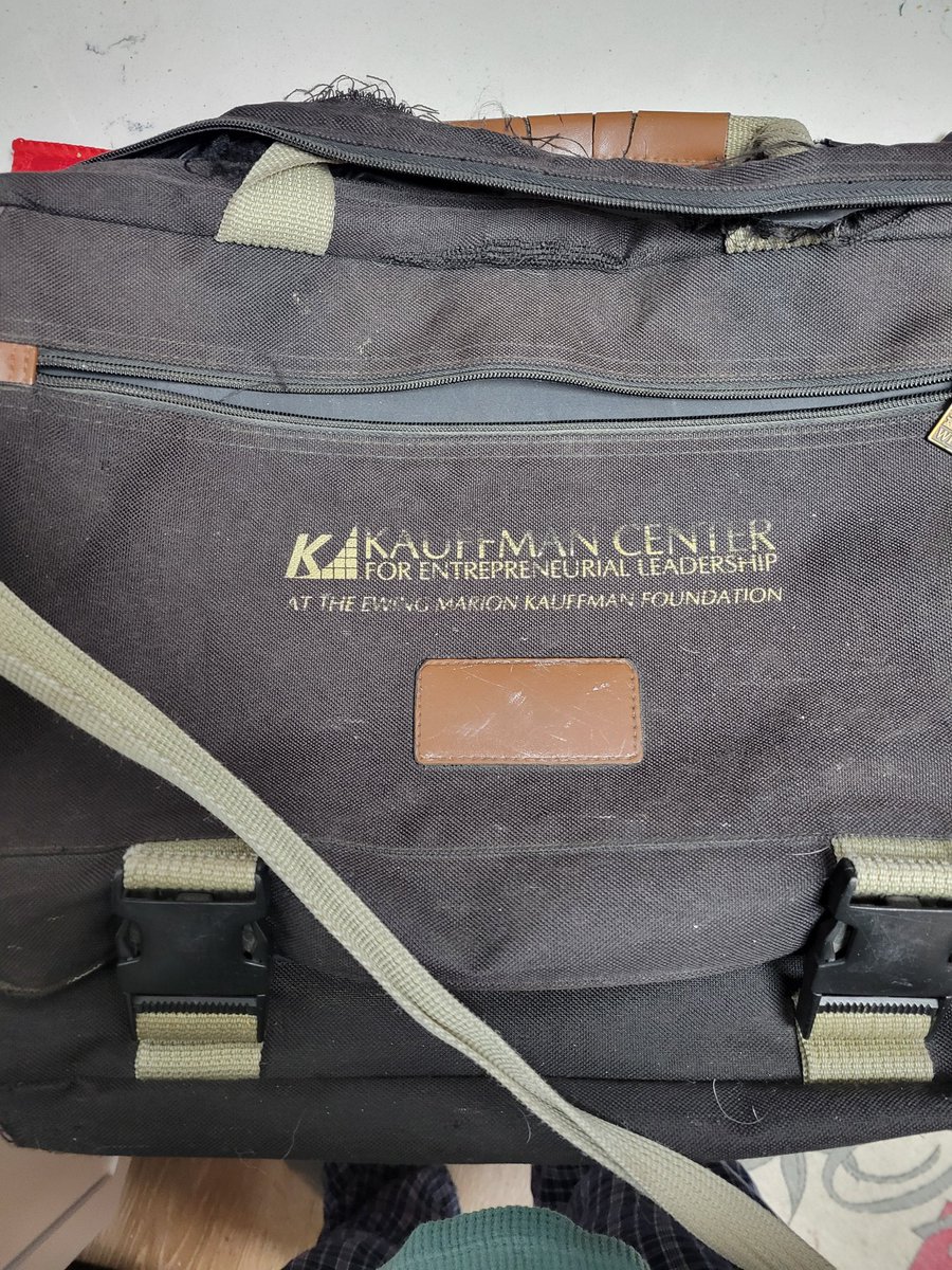 Laptop bag from a 2002(!) @KauffmanFDN event.. RIP 2024. Ok, half that time was in the bottom of a closet but that's still a decade of dutiful service & a dozen countries. Now THAT is solid conference swag! (My 2017 ESHIP pouch is still going strong.) Thank you, Kauffman!