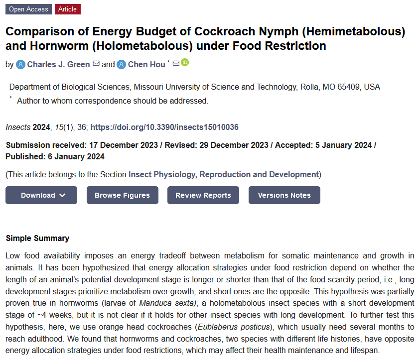 Insects_MDPI's tweet photo. #insects Paper Published
📚Comparison of #Energy Budget of #Cockroach Nymph (Hemimetabolous) and #Hornworm (Holometabolous) under Food Restriction
by Charles J. Green, Chen Hou
📷https://t.co/cgYt5sCpPJ
#energybudget #lifehistory https://t.co/CELVJeebEI