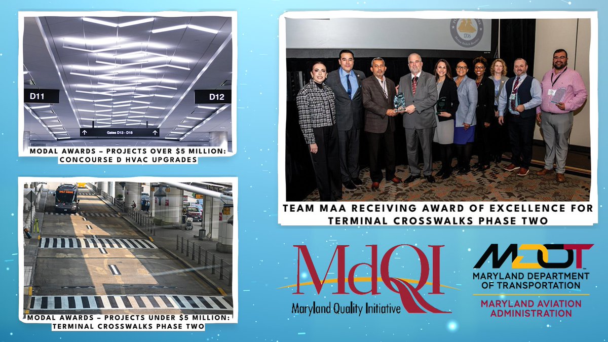 Congratulations to our Planning & Engineering team, plus partners, for recognition during the recent Maryland Quality Initiative (MdQI) Conference.

Two airport projects were honored, resulting in improved safety and overall passenger experience.

#MDOTdelivers #EngineersWeek