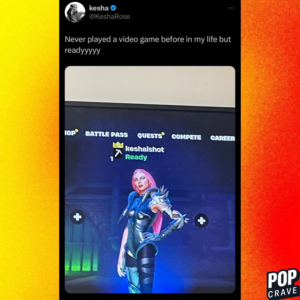Kesha shares a photo using Lady Gaga’s Fortnite skin: “Never played a video game before in my life but readyyyyy”
