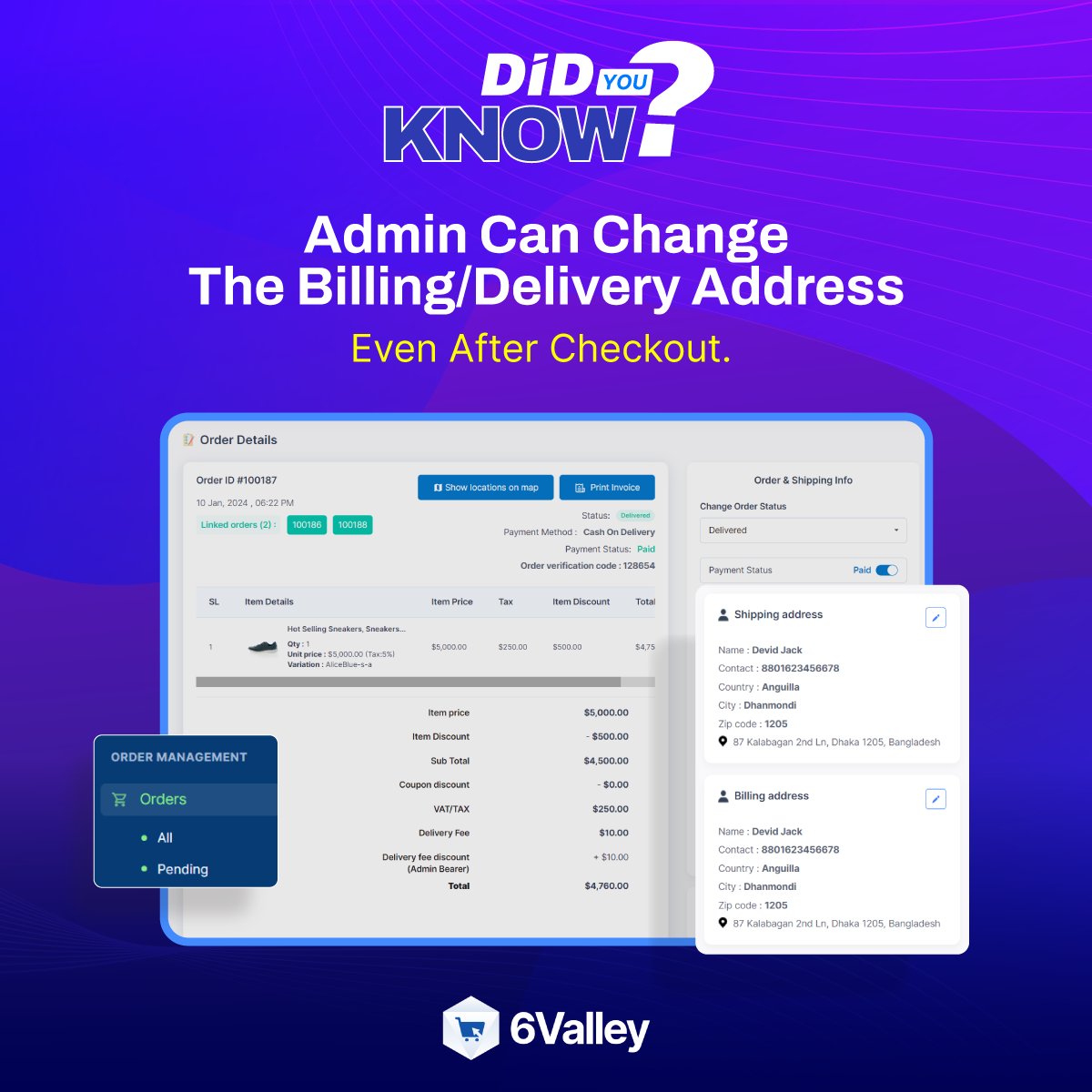 6amTech's tweet image. Ever faced 'Uh-oh' 😬moment when your customer realizes they've given the wrong address? We've got the ultimate fix for that!

The 'Edit Delivery/Billing Address' feature by 6Valley is a rescuer in moments like this.

Visit: 6valley.app

#6valley #ecommerce #Laravel