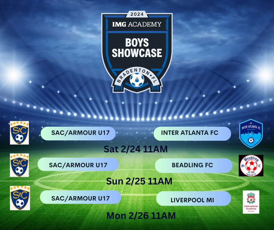 Looking forward to playing in front of some of the top colleges in the country this week here at IMG Academy.  Watch us on our Facebook Live page 2007 SAC/Armour2007 Boys Soccer
@Nationalacademychampionships