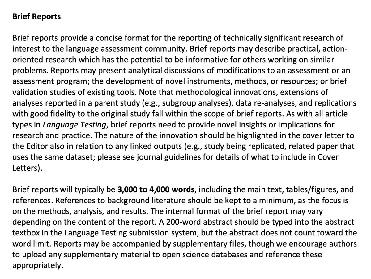 We have updated the guidelines for Brief Report submissions to Language Testing! Details about the increased word limit and the scope of this article type can be found here: journals.sagepub.com/pb-assets/cmsc…