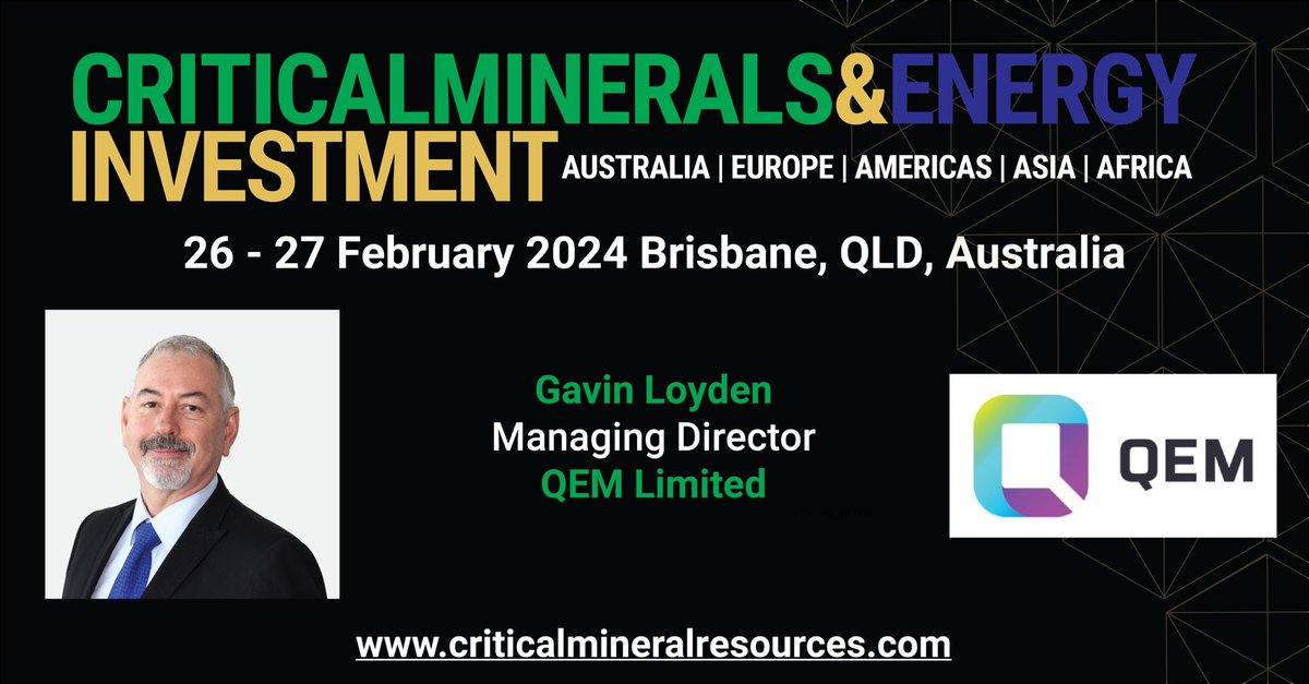 QEM (@qemlimited) on Twitter photo Our Managing Director <a href="/GavinLoyden/">Gavin Loyden</a> is looking forward to presenting on QEM & Qld’s #Vanadium battery potential this Mon 26 Feb, 2:40pm at the #CriticalMinerals & Energy Investment Conference, Brisbane.
Register with code WIS24 for 15% off: lnkd.in/ggXCUg86
<a href="/MiningInvmt/">Mining Investment</a> Our Managing Director <a href="/GavinLoyden/">Gavin Loyden</a> is looking forward to presenting on QEM & Qld’s #Vanadium battery potential this Mon 26 Feb, 2:40pm at the #CriticalMinerals & Energy Investment Conference, Brisbane.
Register with code WIS24 for 15% off: lnkd.in/ggXCUg86
<a href="/MiningInvmt/">Mining Investment</a>