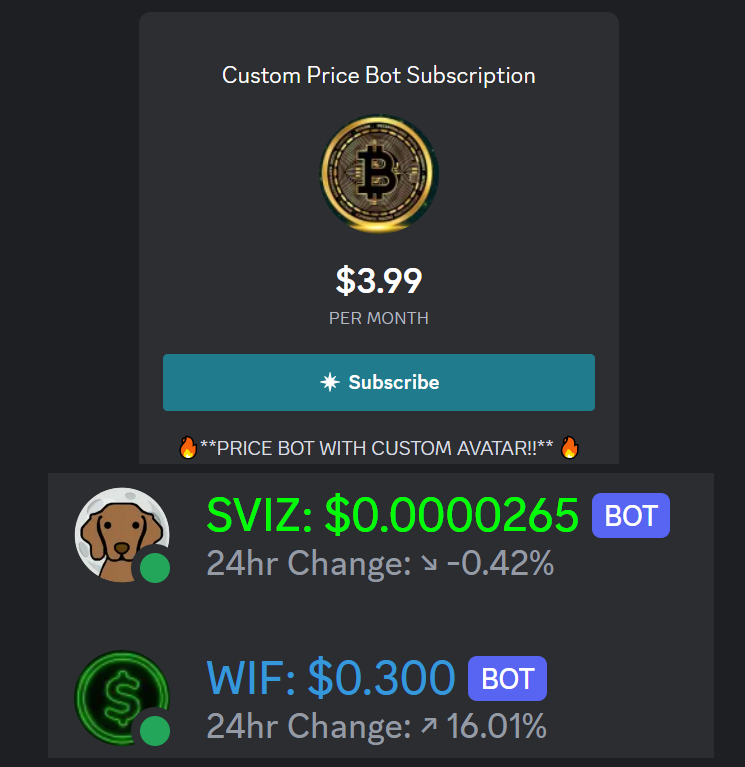 SpaceVizsla's tweet photo. π₯NEWSπ₯ We are pleased to announce we will start offering affordable Discord cryptocurrency price bots!!! ππ²π
Simply subscribe in our Discord server and get your price bot (customizable avatar!!!).
Any Token. Any Chain. We handle the hosting π.
#pricebot #discordpricebot #discordbot #cryptocurrency