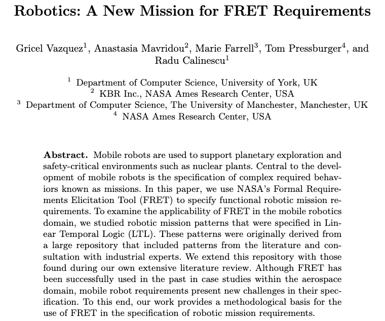 Anastasia Mavridou (@anmavrid) on Twitter photo Our research paper was accepted for publication at NFM 2024! We worked on this together with bright summer intern Gricel Vazquez, and collaborators <a href="/farrell_marie/">Marie Farrell</a>, Tom Pressburger and Radu Calinescu. Our research paper was accepted for publication at NFM 2024! We worked on this together with bright summer intern Gricel Vazquez, and collaborators <a href="/farrell_marie/">Marie Farrell</a>, Tom Pressburger and Radu Calinescu.