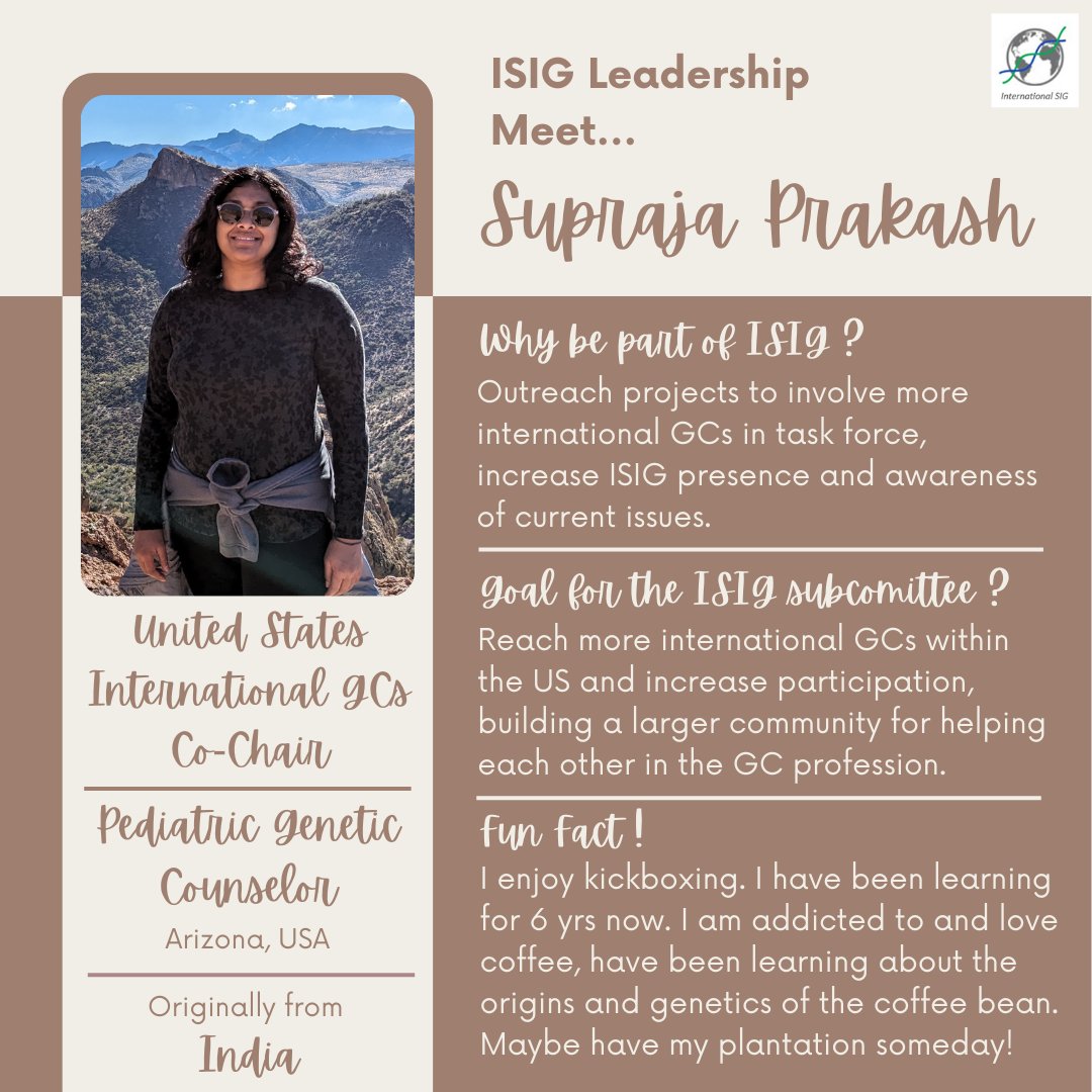 Meet our second 'United States International GCs Subcommittee' Co-chair of the International SIG

Supraja Prakash

#ISIG #InternationalSIG #leadership #subcommittee #cochair #GeneChat #internationalgeneticcounselors #InternationalGCs #geneticcousnelors #awareness