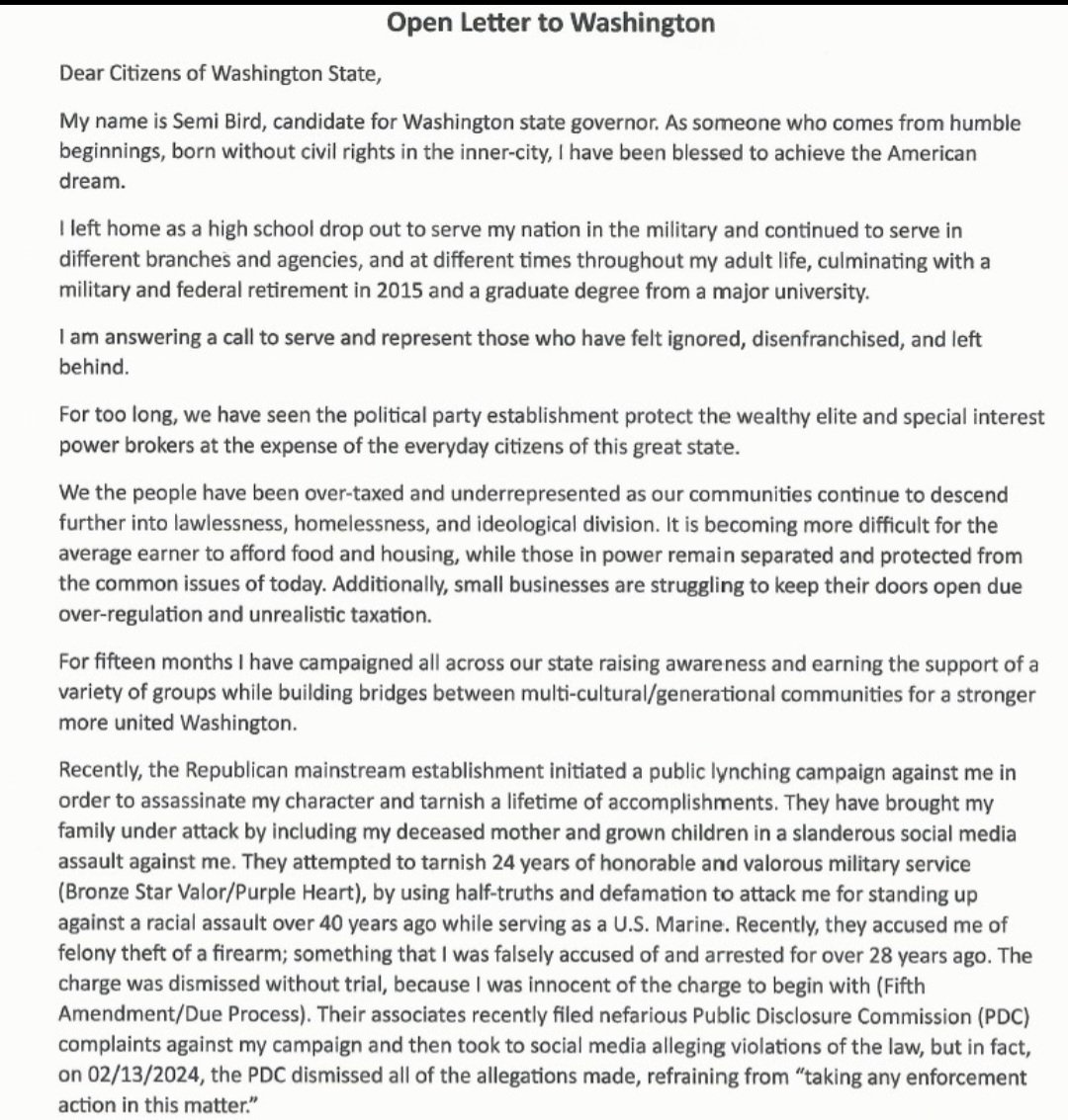 Susan_Dupres's tweet image. WA STATE #WAGOV #waelex

SEMI BIRD (R) for WA Governor

Open Letter to Washington

"I am answering the call to serve and represent those who have felt ignored, disenfranchised, and left behind."

#BirdForGovernor

Full letter, post and thread below.

Courtesy post by Loren Culp