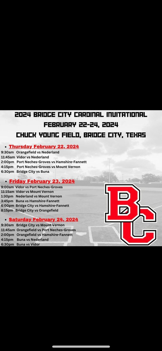 Bridge City Opens up the Cardinal Classic with a 5-3 over Buna. 
Tomorrow the Cards play Hamshire Fannett at 6pm then Orangefield at 8:15 for the double header
#LND