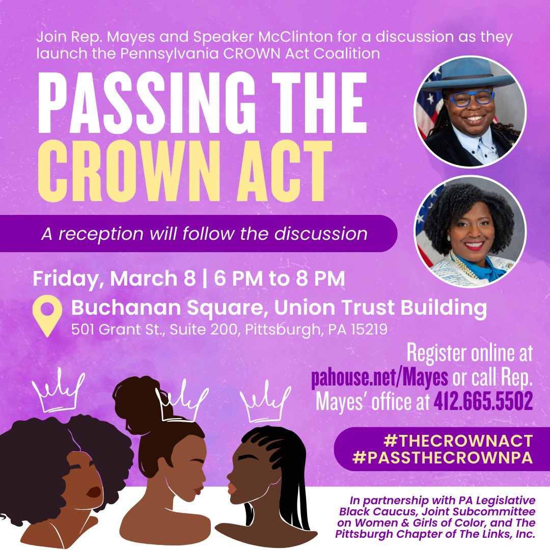 Please use this link to register for the Passing the #CROWNAct conversation:

pahouse.net/Mayes/Form/?id…

#repmayes #thecrownact #passthecrown