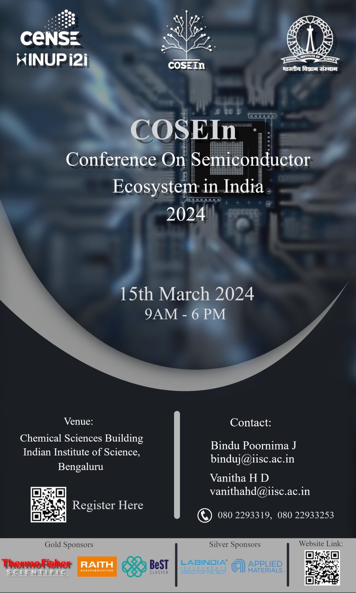 CeNSEatIISc (@censeatiisc) on Twitter photo #COSEIn 2024 is here!
<a href="/CeNSEatIISc/">CeNSEatIISc</a>, <a href="/iiscbangalore/">IISc Bangalore</a> is hosting a Conference on Semiconductor Ecosystem in India on 15-03-24. It is a single platform for various agencies involved in Semiconductor ecosystem! Visit & Register: cense.iisc.ac.in/COSEIn/
<a href="/GoI_MeitY/">Ministry of Electronics & IT</a> <a href="/NeGD_GoI/">National e-Governance Division</a> <a href="/inupi2i/">INUP-i2i</a> #COSEIn 2024 is here!
<a href="/CeNSEatIISc/">CeNSEatIISc</a>, <a href="/iiscbangalore/">IISc Bangalore</a> is hosting a Conference on Semiconductor Ecosystem in India on 15-03-24. It is a single platform for various agencies involved in Semiconductor ecosystem! Visit & Register: cense.iisc.ac.in/COSEIn/
<a href="/GoI_MeitY/">Ministry of Electronics & IT</a> <a href="/NeGD_GoI/">National e-Governance Division</a> <a href="/inupi2i/">INUP-i2i</a>