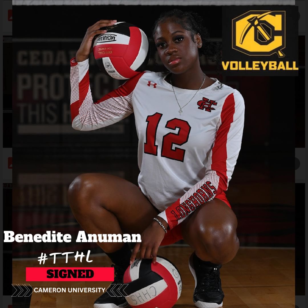 Cedar Hill HS Volleyball (@ch_hsvolleyball) on Twitter photo SIGNED ‼️Congratulations to <a href="/iambenedite/">Benedite Anuman</a> on signing to Cameron University. @AggiesVB
<a href="/blacofalltrades/">Blac of all Trades</a> <a href="/RecruitTheHill1/">Recruit The Hill</a> <a href="/CHLonghorns/">Cedar Hill Longhorns</a> <a href="/Cedar_Hill_HS/">Cedar Hill High School</a> <a href="/cedarhillisd/">Cedar Hill ISD</a> <a href="/geraldhudson/">Dr. Gerald B. Hudson</a> SIGNED ‼️Congratulations to <a href="/iambenedite/">Benedite Anuman</a> on signing to Cameron University. @AggiesVB
<a href="/blacofalltrades/">Blac of all Trades</a> <a href="/RecruitTheHill1/">Recruit The Hill</a> <a href="/CHLonghorns/">Cedar Hill Longhorns</a> <a href="/Cedar_Hill_HS/">Cedar Hill High School</a> <a href="/cedarhillisd/">Cedar Hill ISD</a> <a href="/geraldhudson/">Dr. Gerald B. Hudson</a>