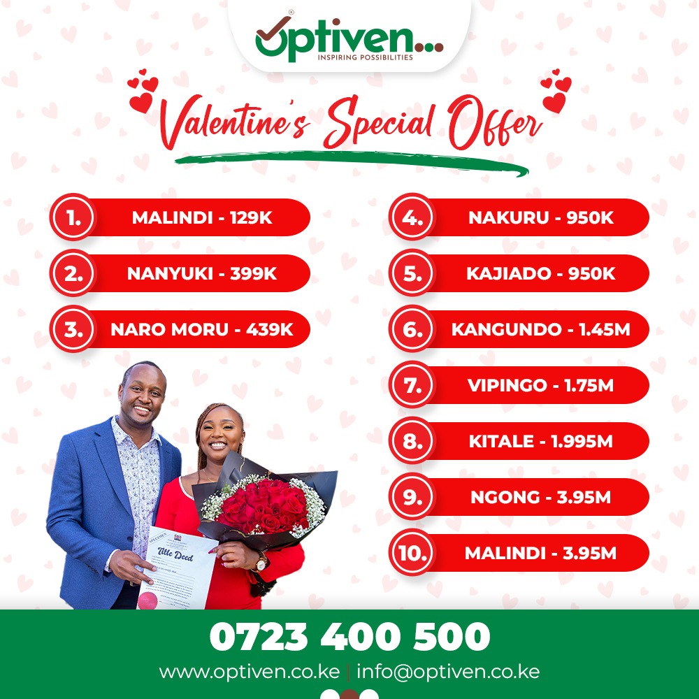 dmbalu22's tweet photo. Celebrate love in a unique way this February! Optiven offers you the chance to gift a plot for just 399k and receive 6k cash back. Give the gift of a secure future. 

Call 0790 300300 invest today

 #MauaNiPloti https://t.co/iX9T27xBWN
