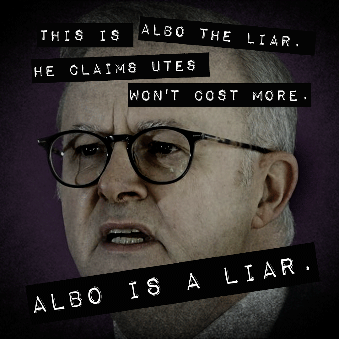 The Albanese Labor Government is proposing a new tax on utes and SUVs, a policy championed by Chris Bowen.

When questioned about this, Albanese said no one would be forced to pay more for utes and SUVs.

This is a lie. If Labor bring in their new tax on vehicles, you will pay.