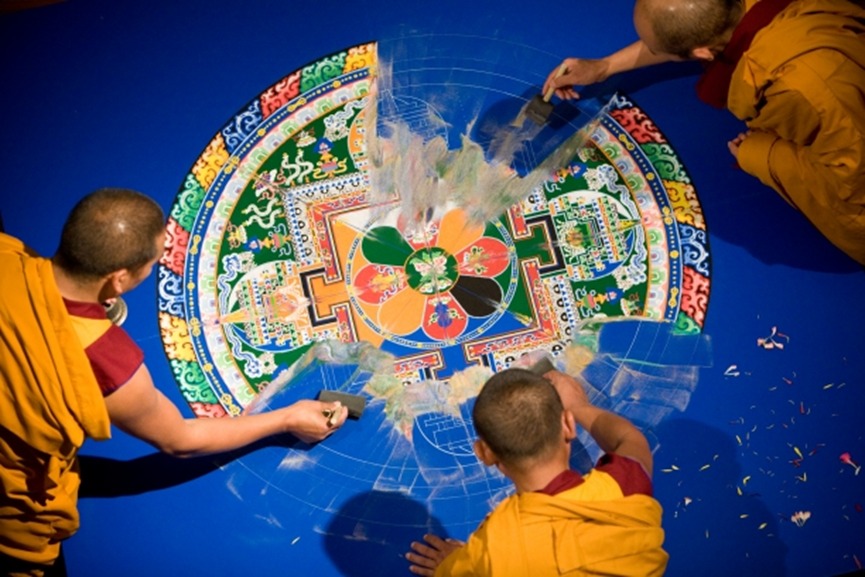 In Buddhist philosophy, suffering arises from attachment to material possessions. The creation and destruction of the sand mandala, a traditional Tibetan Buddhist art, is a profound journey into the heart of impermanence. Sand Mandala requires weeks of laborious work by a group