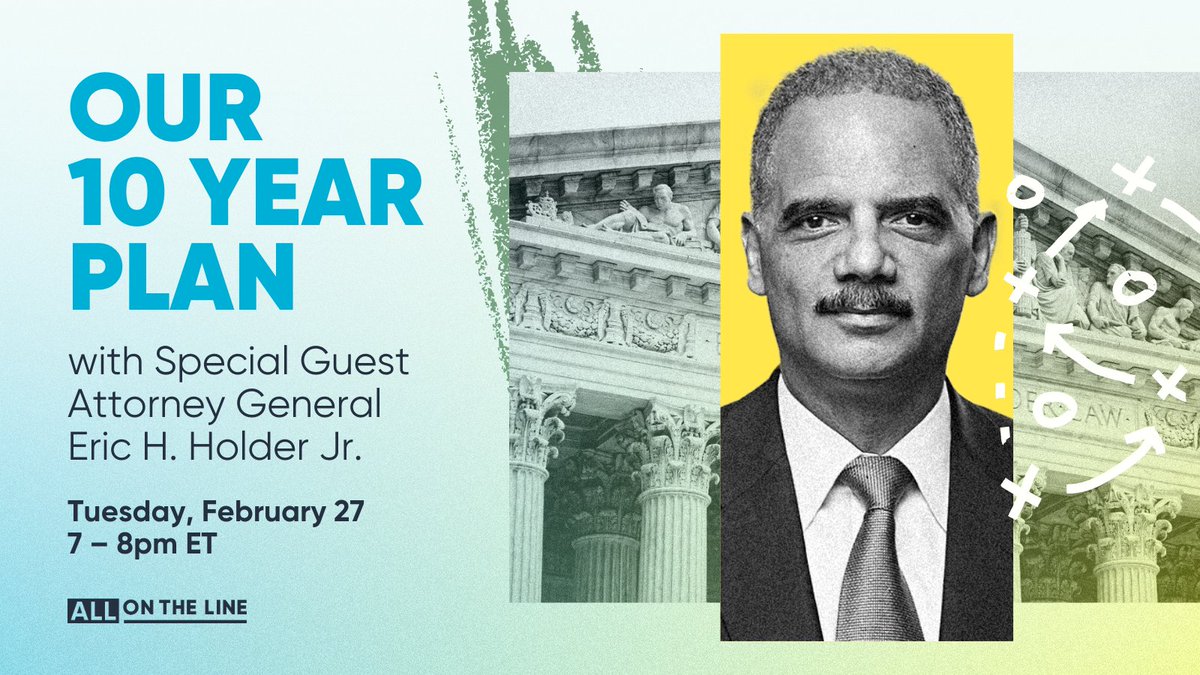 🆕We’re hosting a grassroots event featuring a special guest, AG @EricHolder! Join us for a volunteer briefing on February 27 at 7 pm ET, where we'll be discussing our 10-year plan to fight for fair maps and democracy!✅ Mark your calendars and RSVP now: mobilize.us/allontheline/e…