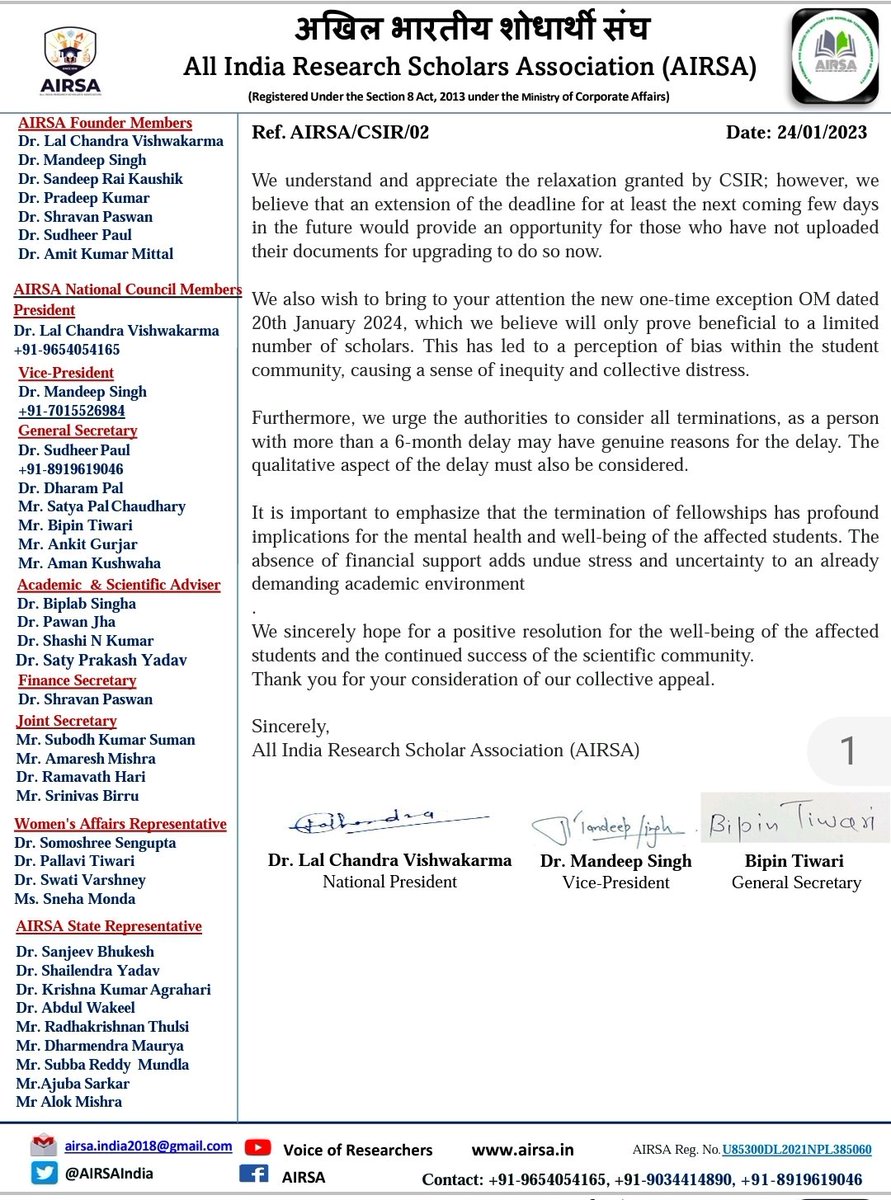 AIRSAIndia's tweet photo. #reactivatecsirfellowship
#CsirPhDscholars
The #CSIR_JRF exam is a challenging endeavor. Those who successfully qualify for the CSIR-JRF aim to fulfill their dream of receiving a fellowship during their PhD. However, the termination of the fellowship is perplexing, and it would be beneficial for @CSIRIndia to establish communication with host institutes beforehand to address any potential issues.
@DrNKalaiselvi
@HRDG_CSIR
@DrJitendraSingh @PMOIndia @the_hindu @IndianExpress @TimesNow @TheQuint @Xpress_edex