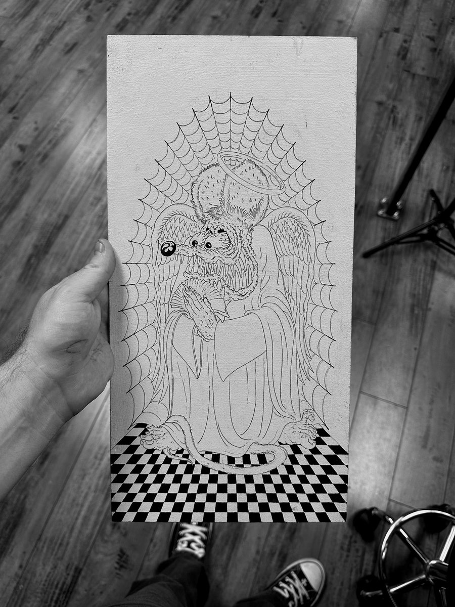 New one I started last night. 
8x16” ‘Our Lady Fink’
All India ink rapidograph on gesso coated wood. I’ll post more as I go but probably not gonna sell the original