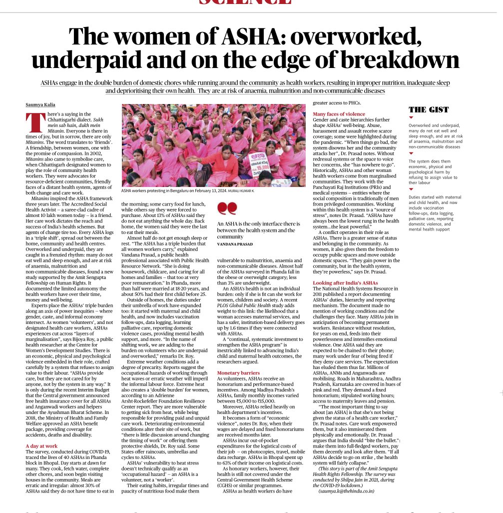 "Every ASHA logs in a ‘triple shift’, spread out between the home, community &amp; health centres. Overworked &amp; underpaid, they are caught in a frenzied rhythm: many do not eat well &amp; sleep enough, &amp; are at risk of anaemia, malnutrition &amp; non-communicable diseases..."

.