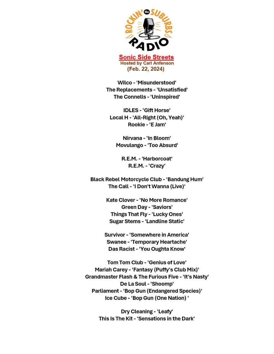 Tunes heard on a new SSS show today on suburbsradio.com.  ⁦<a href="/SuburbsRadio/">Rockin' the Suburbs Radio</a>⁩ Hear the archived show at mixcloud.com/RtSRadio/unkno…