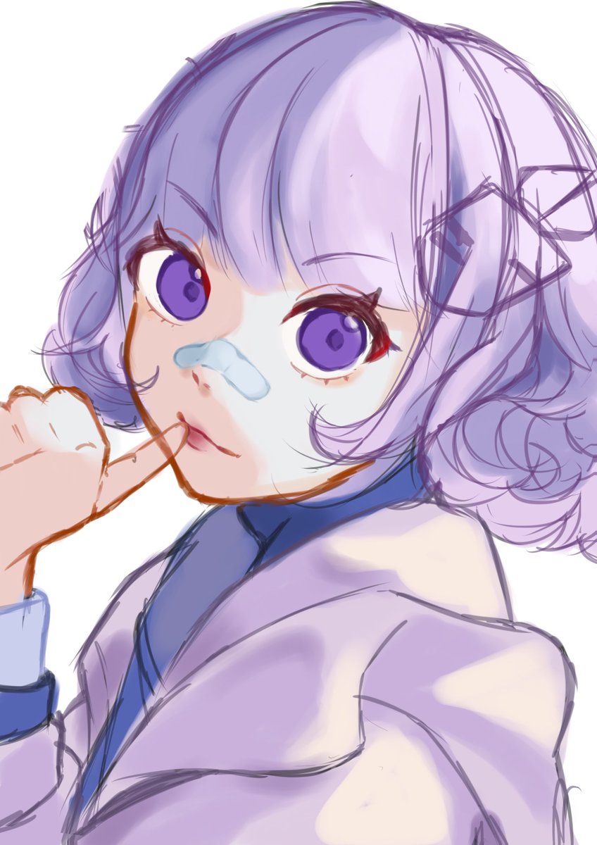 1girl purple eyes solo purple hair hair ornament bandaid bandaid on nose  illustration images