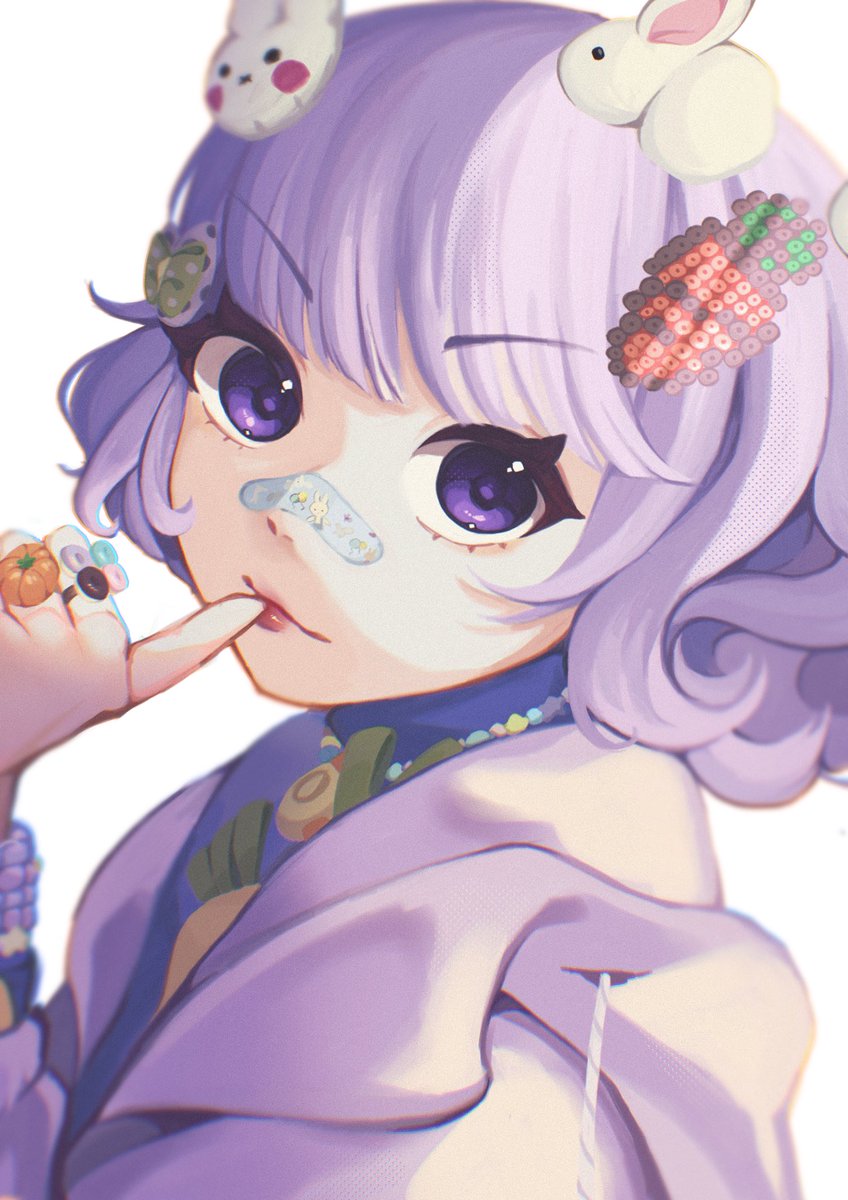 1girl purple eyes solo purple hair hair ornament bandaid bandaid on nose  illustration images