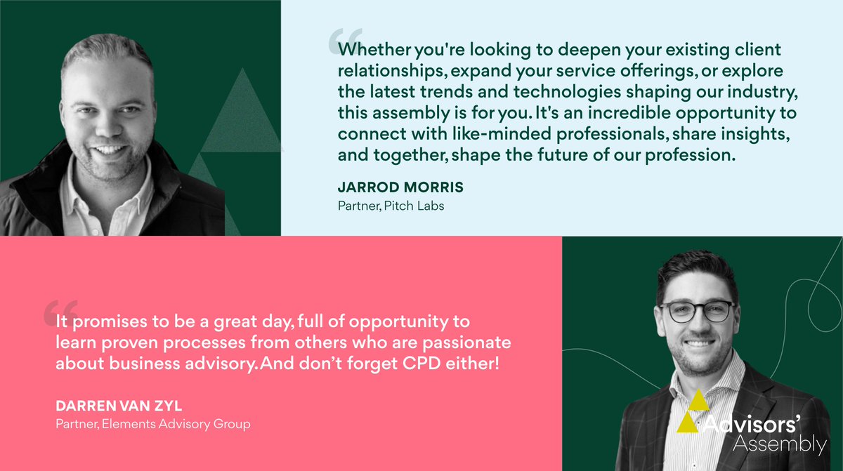 With less than two weeks until the inaugural Advisors' Assembly kicks off, here’s what two of our fantastic speakers, Jarrod Morris and Darren Van Zyl, have to say about the event. Secure your spot here 👉 hubs.ly/Q02m0NN50 #AdvisorsAssembly #Accounting #BusinessAdvisory