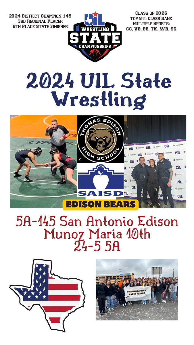🎉Congratulations to Maria Munoz 10th 🎉 This weekend Maria was in H-Town for the 🏆2024 UIL State Wrestling Meet🤼‍♀️Maria finished 8th place overall. Thank you❤️everyone who helped send Maria off on Thursday. Shoutout 📢to Coach Bustamante & Coach Martin for a great…