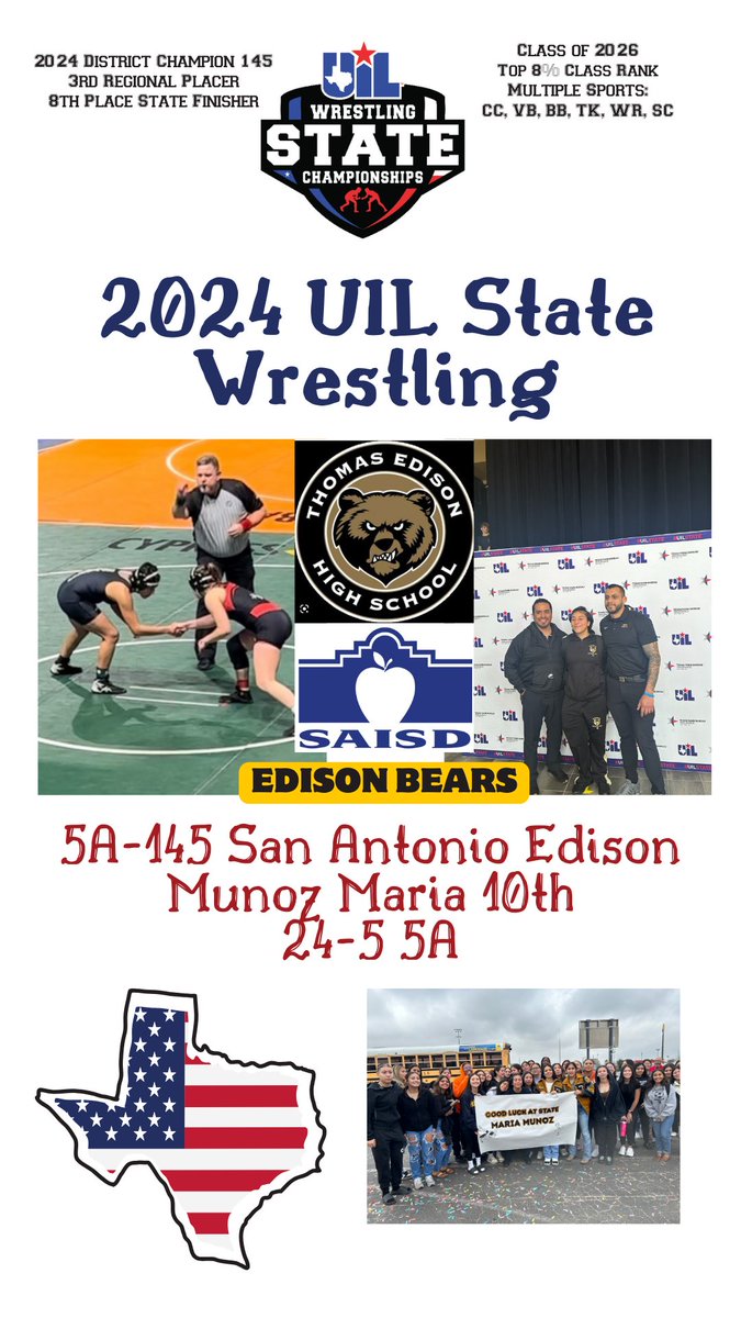 🎉Congratulations to Maria Munoz 10th 🎉 This weekend Maria was in H-Town for the 🏆2024 UIL State Wrestling Meet🤼‍♀️Maria finished 8th place overall.
Thank you❤️everyone who helped send Maria off on Thursday.  Shoutout 📢to Coach Bustamante &amp; Coach Martin for a great