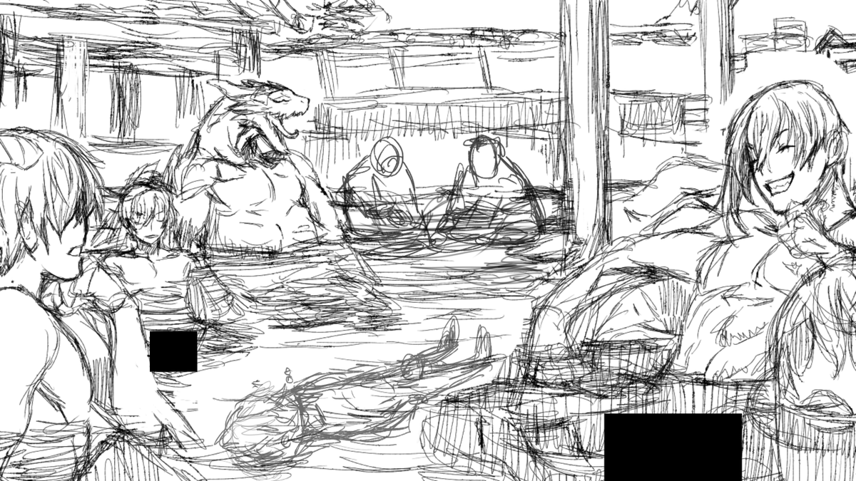 0224
ラフ:温泉物語 男湯編
温泉物語のラフ。
ポイントは沈んでいる乱義と
水の屈折率を考えての下半身の歪みだね。
横から見ると随分縮むからね。
でも清書では普通に描いた。

#ランス10 
#ランスシリーズ 